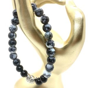 [Midnight Wonder] Black Agate and Black & White Crackle Glass Beaded Bracelet